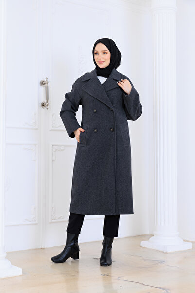 Eliva Women's Anthracite Gray Stylish Elegant Thick Imported Cashmere Trench Coat Top Coat K Double-Breasted Overcoat Hijab Coat