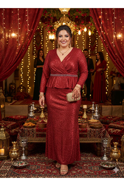 Robes Büyük Beden Kırmızı Tafta Simli kumaş Kruvaze Yaka Uzun Abiye Kına Elbi...