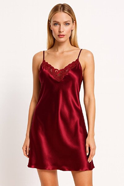 cherry queen Premium Burgundy Satin Lace Nightgown Robe Set – Stylish Two-Piece Set