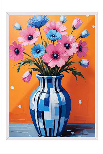 Zestia Tablou cu ramă albă, vază albastră și flori vii – Botanică, decor bucă...