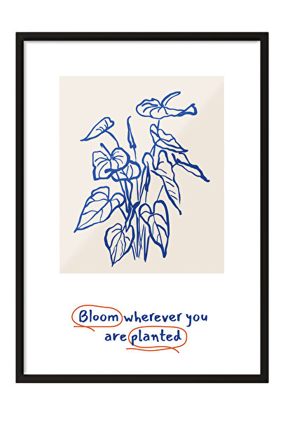 Zestia Картина с черна рамка, сини рисувани цветя – минималистична линейна гр...