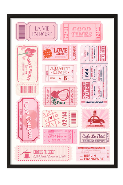 Zestia Tablou cu ramă neagră, colaj cu etichete roz - Design retro romantic, ...