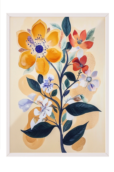 Zestia Tablou în ramă albă, model floral portocaliu – Botanică retro, decor p...