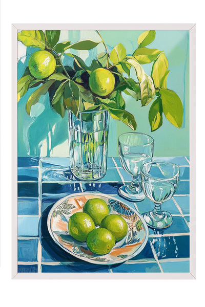 Zestia Tablou în ramă albă, Lămâi verzi și căni – Natură moartă, Poster decor...