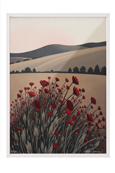 Zestia Tablou înrămat alb, Peisaj cu câmpuri de mac - Natură liniștită, Poste...
