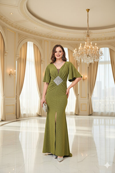 Robes Simli Kelebek Kol V Yaka Taş Detaylı Uzun Yeşil Abiye Elbise-877