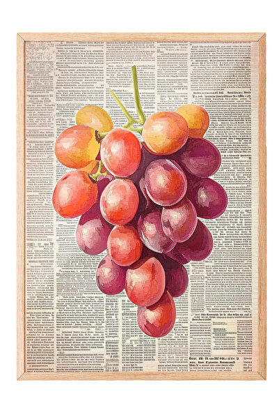 Zestia Tablou cu ramă din lemn, model cu struguri - fundal de ziar vintage, p...