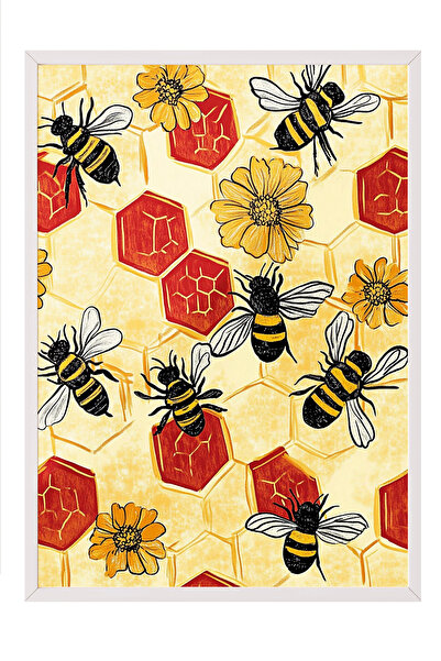 Zestia Tablou înrămat alb cu model de albine și fagure - Natură moartă, Poste...