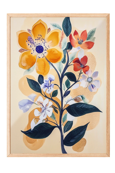 Zestia Tablou cu ramă din lemn, model cu flori portocalii – Botanică retro, d...