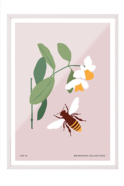 Zestia Tablou cu ramă albă, albină și floare minimalistă - Armonia naturii, P...