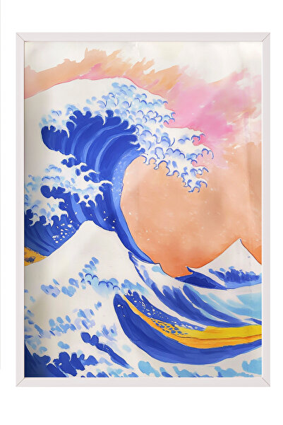 Zestia Tablou cu ramă albă, valuri și fluture – Estetică japoneză, Poster dec...