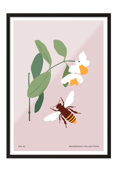 Zestia Tablou cu ramă neagră, albină și floare minimalistă - Armonia naturii,...