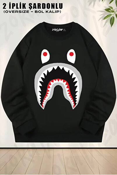 ZOKAWEAR سويت شيرت بول كلوت بيب شارك رمادي مطبوع تصميم قصة فضفاضة برقبة دائري...