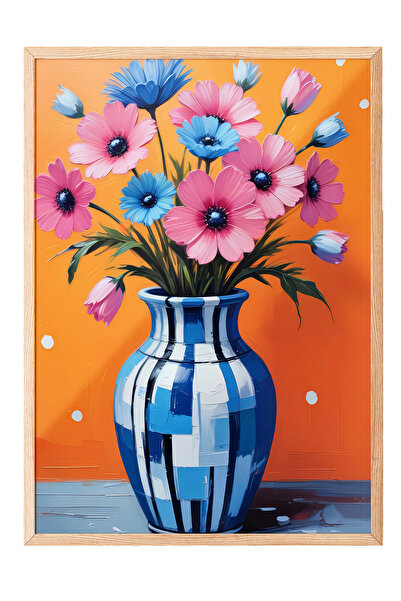 Zestia Tablou cu ramă din lemn, vază albastră și flori vii – Botanică, decor ...