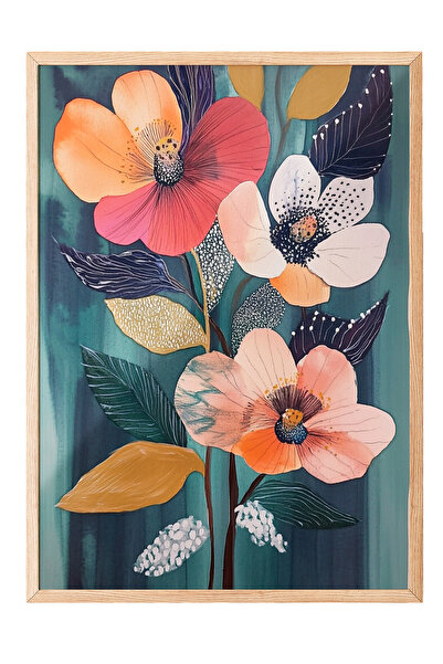 Zestia Tablou cu ramă din lemn, floare de somon și frunze întunecate, poster ...