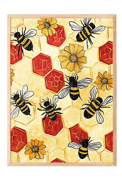 Zestia Tablou înrămat în lemn, cu albine și model de fagure - Natură moartă, ...