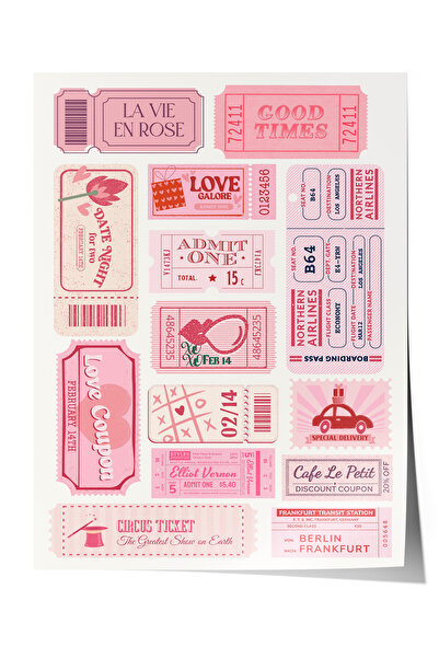 Zestia Poster fără ramă, colaj de autocolante roz - Design retro romantic, po...