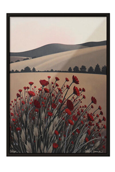Zestia Tablou înrămat negru, Peisaj cu câmpuri de mac - Natură liniștită, Pos...