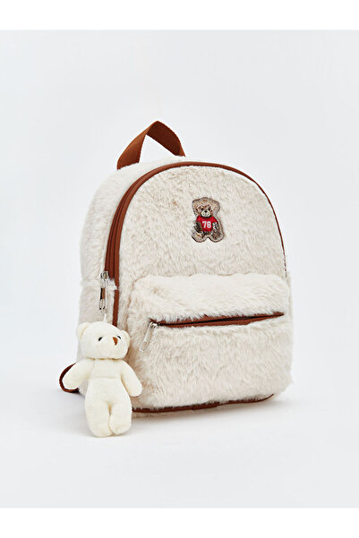 LC Waikiki Бежова плюшена раница за момичета с бродерия на мече