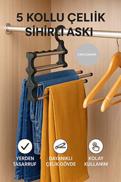CNGZSHOP 5 Kollu Ayarlanabilir Dolap İçi Çelik Sihirli Pantolon Askısı | Dolap İçi Organizatör