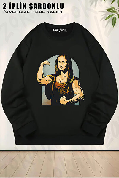 ZOKAWEAR Unisex Oversized Mona Lisa Gym Sport Fitness cu imprimeu Design Swea...