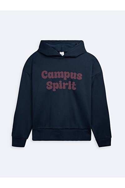 Ltb Long Sleeve Slogan Printed Hooded Navy Blue Sweatshirt