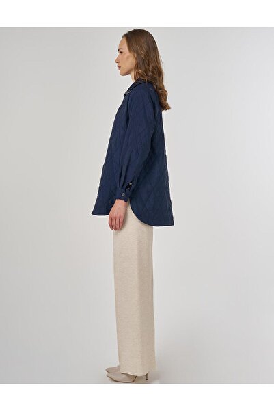 Kayra Wide Collar Embossed Sweatshirt Dark Navy Blue