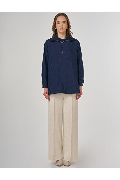 Kayra Wide Collar Embossed Sweatshirt Dark Navy Blue