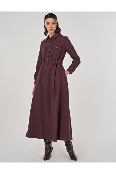 Kayra Shiny Buttoned Maxi Dress Dark Burgundy