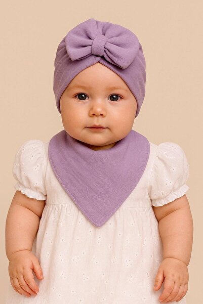 GÜNEŞ KİDS Fiyonklu Bebek Bone ve Müslin Önlük Seti 0-12 Ay Kız Bebek Aksesua...
