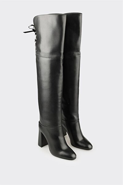Elle Shoes Siyah Deri Kadın Yüksek Topuk Çizme