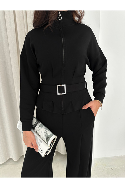 winmoda Modal Fabric Belted Jacket and Baggy Bottom Tracksuit - Modal Tracksuit Set with Belt