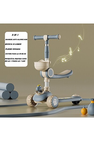 dalip 3-in-1 Multifunctional Scooter for Kids 1-7 Years, Dino Model, Beige/Blue, Lights & Music