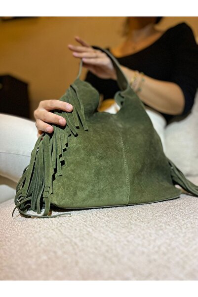 shop Kadın Süet Püsküllü Omuz Çantası - Haki Renk, Yumuşak Dokulu, Geniş Hacimli Günlük Çanta