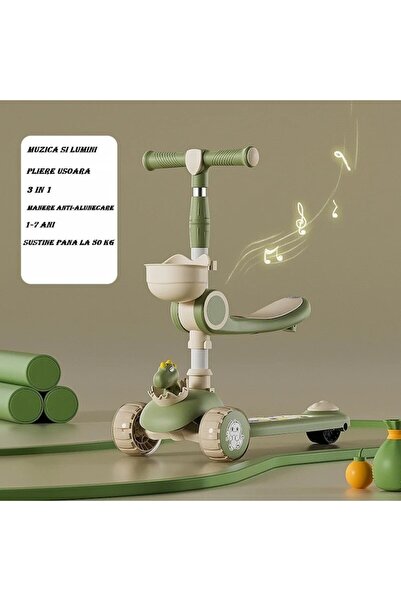 Maison Elise Multifunctional 3-in-1 Scooter for Children 1-5 Years, Lights & Music, 360 Adjustable, Beige/Green