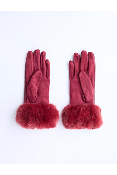 Jimmy Key Burgundy Leather-Look Plush Detailed Gloves