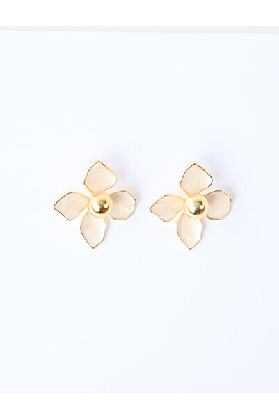 Jimmy Key White Flower Figured Metal Ball Detailed Earrings