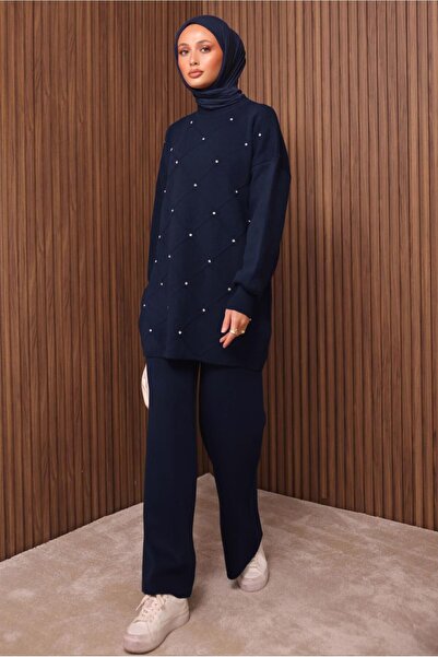 TRENDTESETTÜR Women's Navy Blue Pants and Knitwear Set t 7607