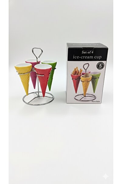 EW 4-piece colorful porcelain cups, hospitality and elegance set - conical design with metal display stand.