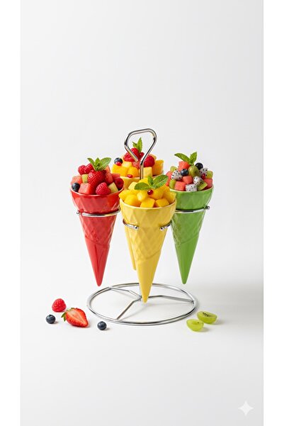 EW 4-piece colorful porcelain cups, hospitality and elegance set - conical design with metal display stand.