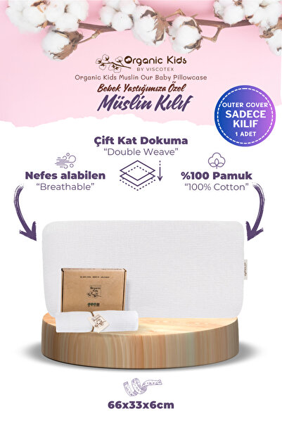 VİSCOTEX Çift Katlı Müslin Çocuk Yastık Kılıfı, %100 Organik Pamuk, 66x36x6 cm
