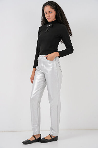 Bigdart Kadın Yüksek Bel Parlak Pantolon 6738 - Gümüş