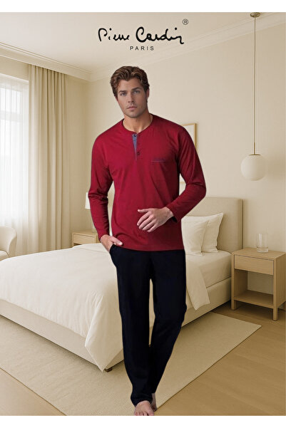 Pierre Cardin Erkek %100 Pamuk Penye Bordo & Lacivert 2 Adet Uzun Kol Pijama Takımı (Modal Boxer Hediye)