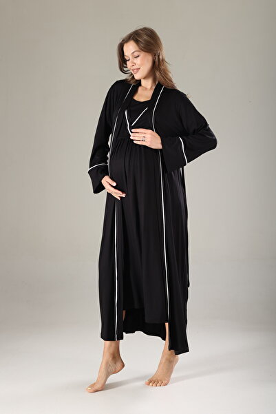 Lohusa Dünyasi Siyah Biyeli Ozel Tasarım Yazlık Pamuk Hamile Lohusa Sabahlık ...