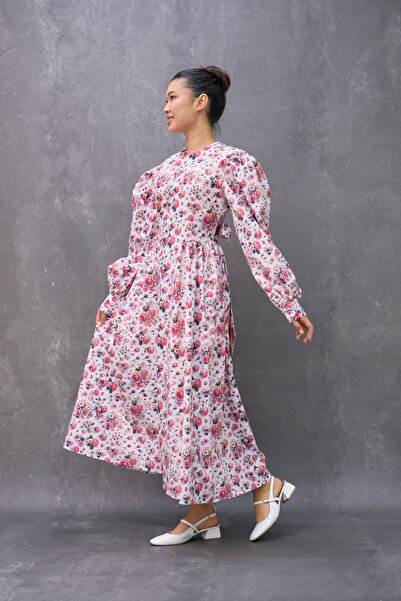 KÜÇÜĞÜM BUTİK Γυναικείο φόρεμα με πλισέ ροζ τριαντάφυλλο σατέν μακρύ φορέματα