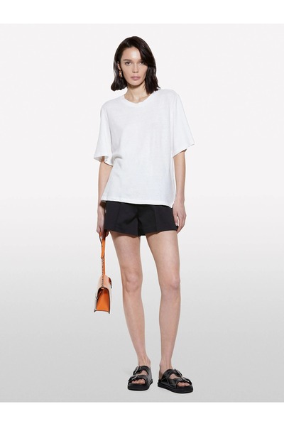 Sisley Linen Blend Crew Neck T-Shirt Women's White T-Shirt - 325P3Utfl107C