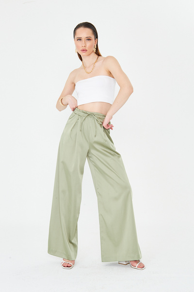 LA PANTE Wide Leg Trousers with Elastic Waist and Laces