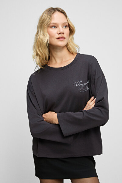 GRIMELANGE Dazulu Women's Soft Fabric Printed Long Sleeve Anthracite T-Shirt