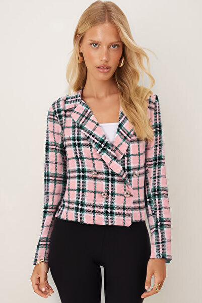armonika Women's Pink-Green Double-Breasted Collar Tweed Crop Jacket Arm-24K001014