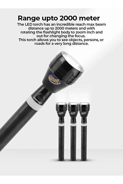 Geepas مصباح يدوي LED قابل لإعادة الشحن 3 في 1، طراز GFL4622N، مزود بمصابيح CREE LED، مصنوع من الألومنيوم، أسود اللون، بطول 26.5 سم.